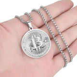 Bitcoin Pendant Plated Circle Necklace Charm Chain Stainless Steel