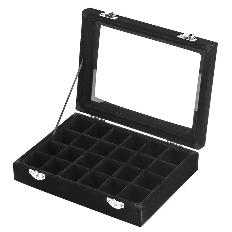24 Slot Velvet Glass Jewelry Box Organizer Rings Earrings Tray Display Case