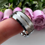 8mm 6mm Tungsten Wedding Rings Grooved Beveled Matte Brushed Finish