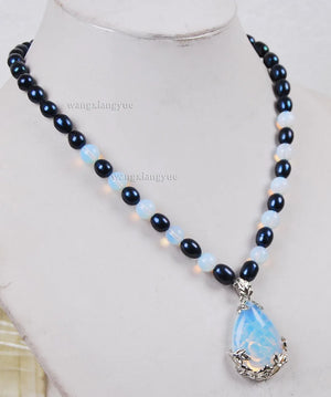 Akoya Cultured Pearl/Sri Lanka Moonstone Pendant Necklace 18 inch