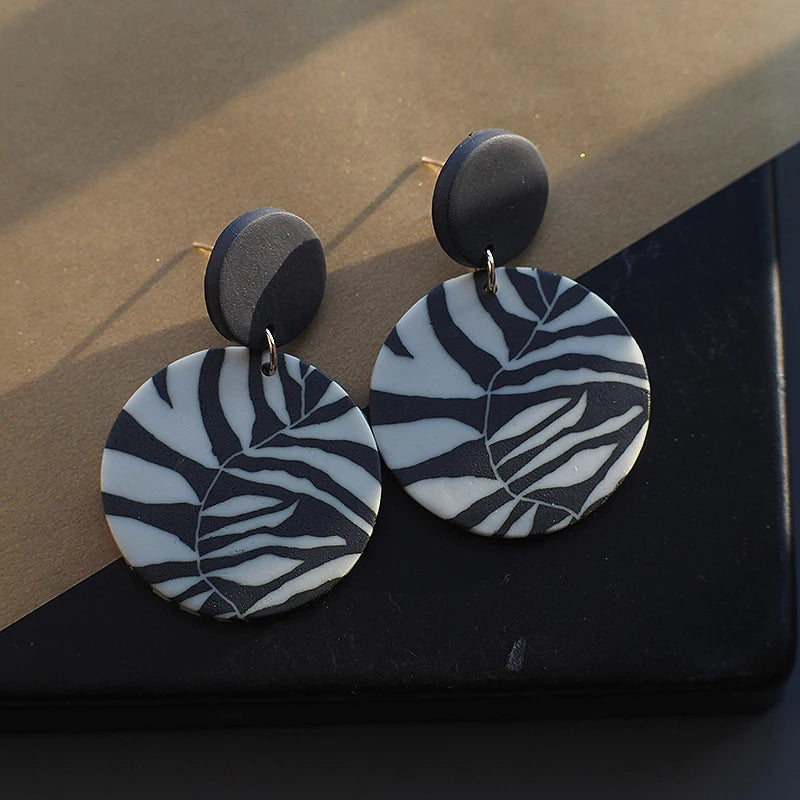 Floral Leaf Pattern Chandelier Polymer Clay Earrings Set