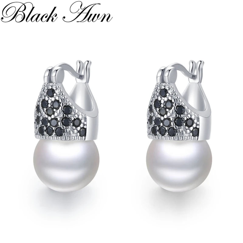 Awn Round Pearl Hoop Earrings Silver Spinel Engagement Jewelry