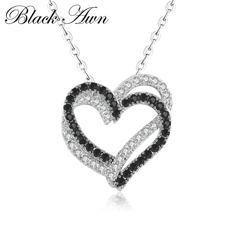 Awn Silver Necklace Heart Black&White Stone Pendants P107