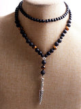 Lava Stones Tiger's Eye Bead Necklace with Skull Pendant
