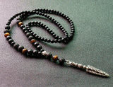 Lava Stones Tiger's Eye Bead Necklace with Skull Pendant