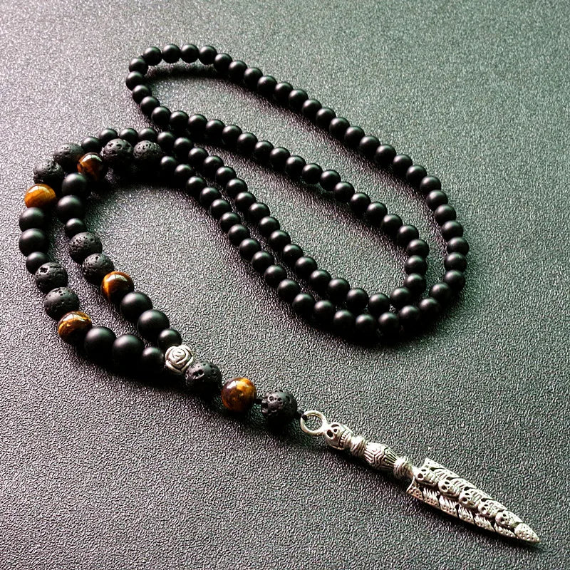 Lava Stones Tiger's Eye Bead Necklace with Skull Pendant