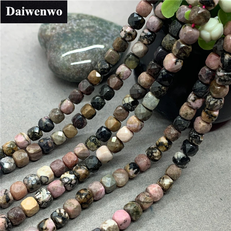 Rhodonite 6mm Faceted Spacer Cube Beads for Bracelet
