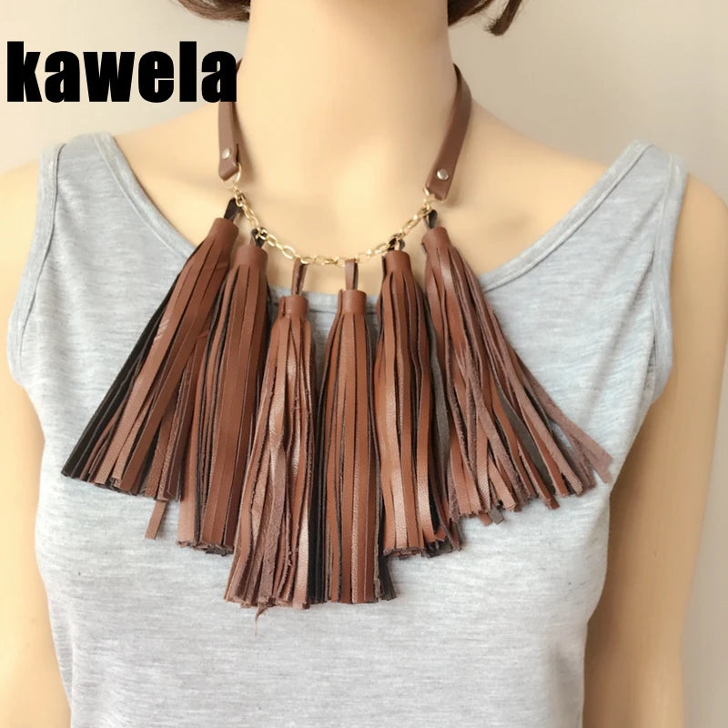 Brown Leather Collar Tassel Pendant Necklace