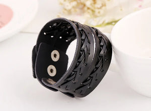 Brown Leather Bracelet Snap Button Clasp Wide Double Braid Wrap