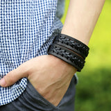 Brown Leather Bracelet Snap Button Clasp Wide Double Braid Wrap