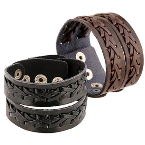 Brown Leather Bracelet Snap Button Clasp Wide Double Braid Wrap