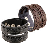 Brown Leather Bracelet Snap Button Clasp Wide Double Braid Wrap