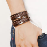 Brown Leather Bracelet Snap Button Clasp Wide Double Braid Wrap