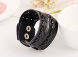 Brown Leather Bracelet Snap Button Clasp Wide Double Braid Wrap