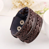 Brown Leather Bracelet Snap Button Clasp Wide Double Braid Wrap