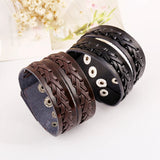 Brown Leather Bracelet Snap Button Clasp Wide Double Braid Wrap
