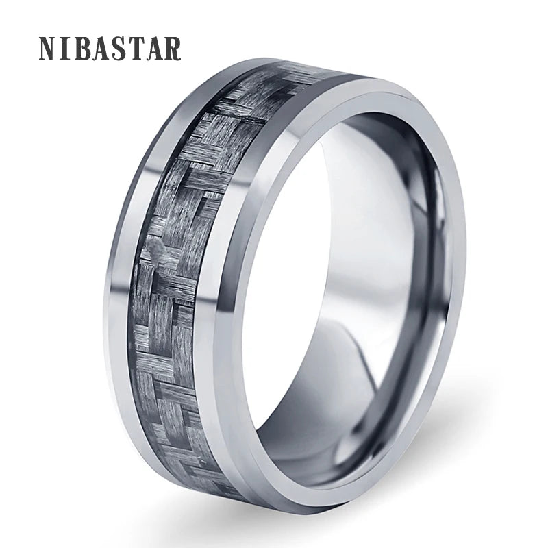 Carbon Fiber 8mm Tungsten Ring Mens Wedding Band US Size 7-10