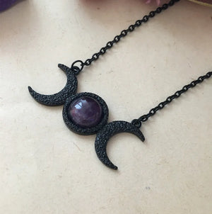 Triple Moon Goddess Necklace/Amethyst Crystal - Witch Jewelry