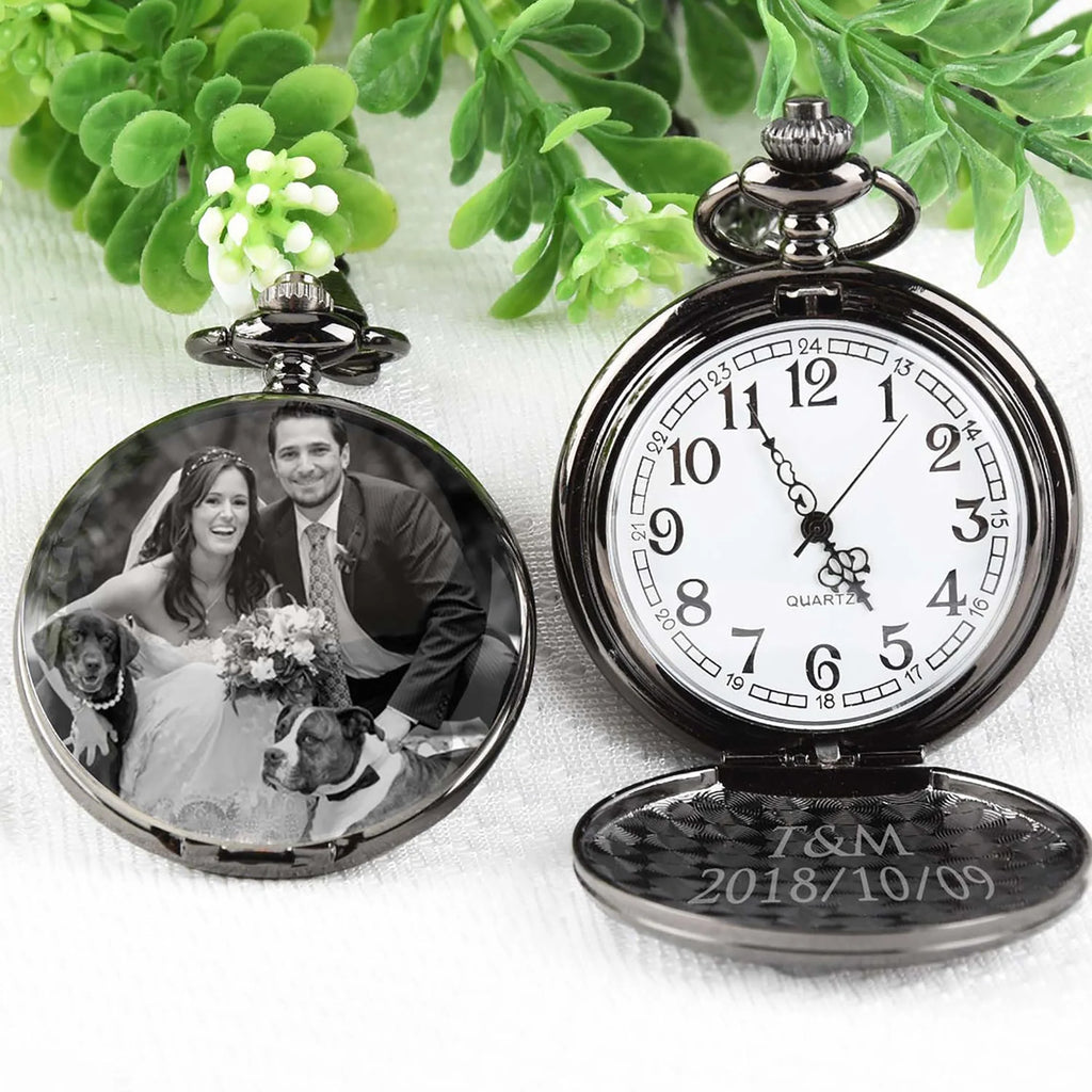 Vintage Quartz Pocket Watch Arabic Numerals Personalized Photo with Text