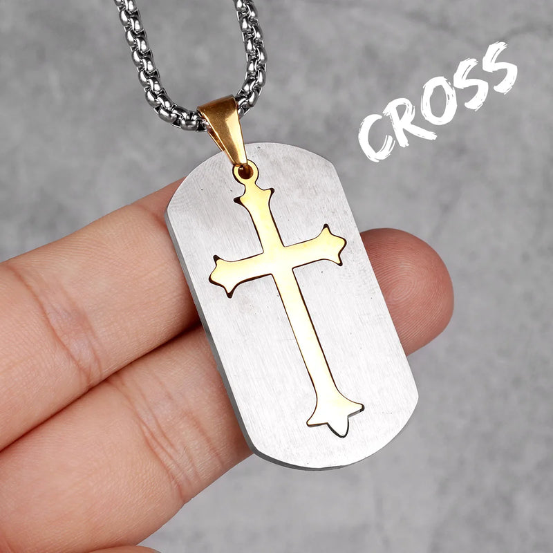 Long Men Necklace Pendants Chain Punk Religon Stainless Steel Jewelry