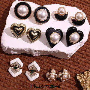 Enamel Metal Heart Pearl Earrings Vintage Jewelry Gift