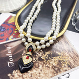Enamel Rhinestone Necklace Pendant Double Strands Pearls