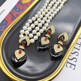 Enamel Rhinestone Necklace Pendant Double Strands Pearls