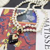 Enamel Rhinestone Necklace Pendant Double Strands Pearls