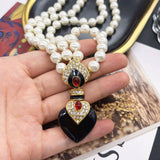 Enamel Rhinestone Necklace Pendant Double Strands Pearls
