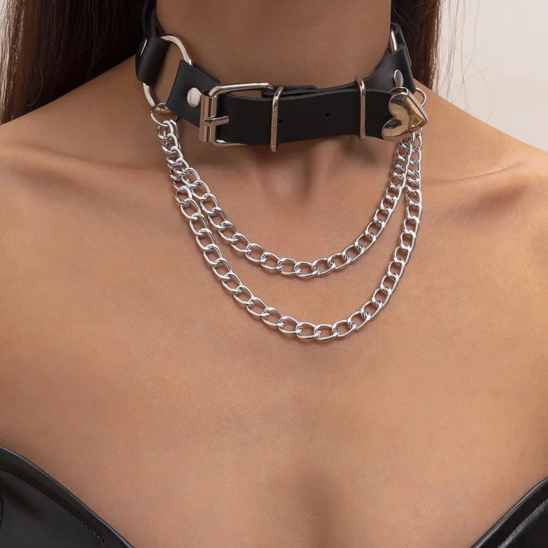 Women's Punk Chain Leather Choker Necklace