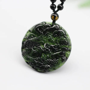 Green Jade Dragon Phoenix Pendant Necklace Hand-Carved Charm Jewelry