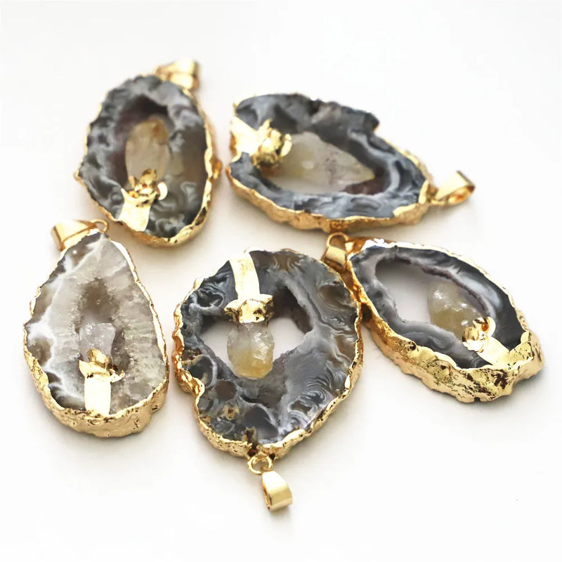 Grey Polished Druzy Stone Pendant Geode Agates Slice Jewelry