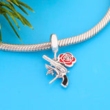 Gun Shape Dangle Charms Red Rose Beads 925 Silver