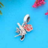Gun Shape Dangle Charms Red Rose Beads 925 Silver