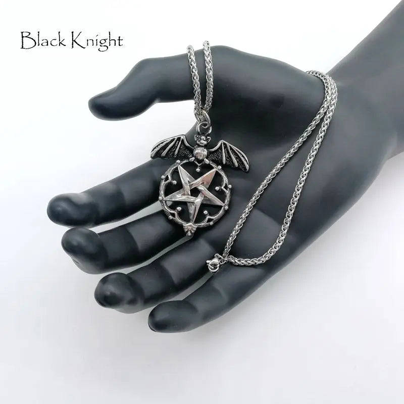 Knight Bat Pentagram Pendant Necklace Vintage Silver Amulet BLKN0706