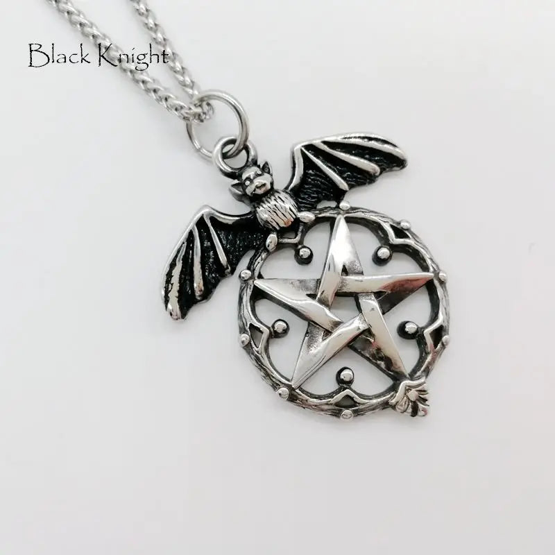 Knight Bat Pentagram Pendant Necklace Vintage Silver Amulet BLKN0706