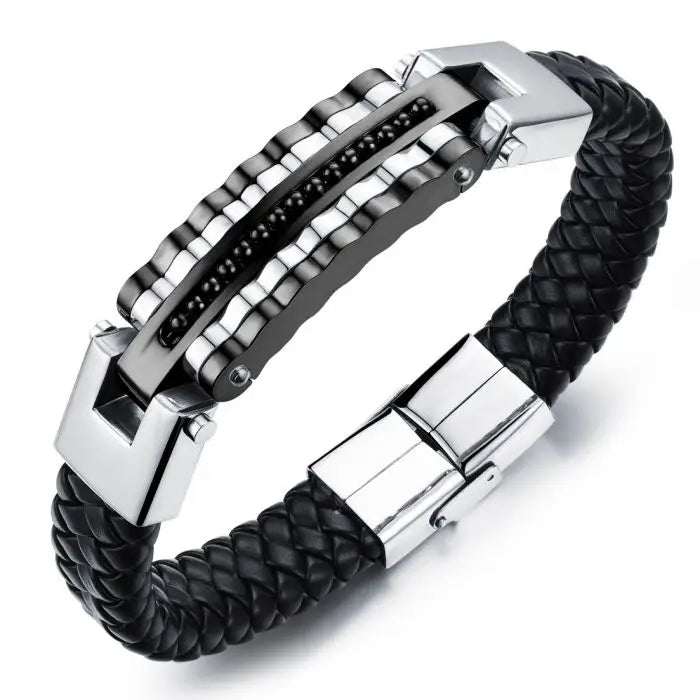 Leather Bracelet Men Charm Bangle Stainless Steel Men Jewelry