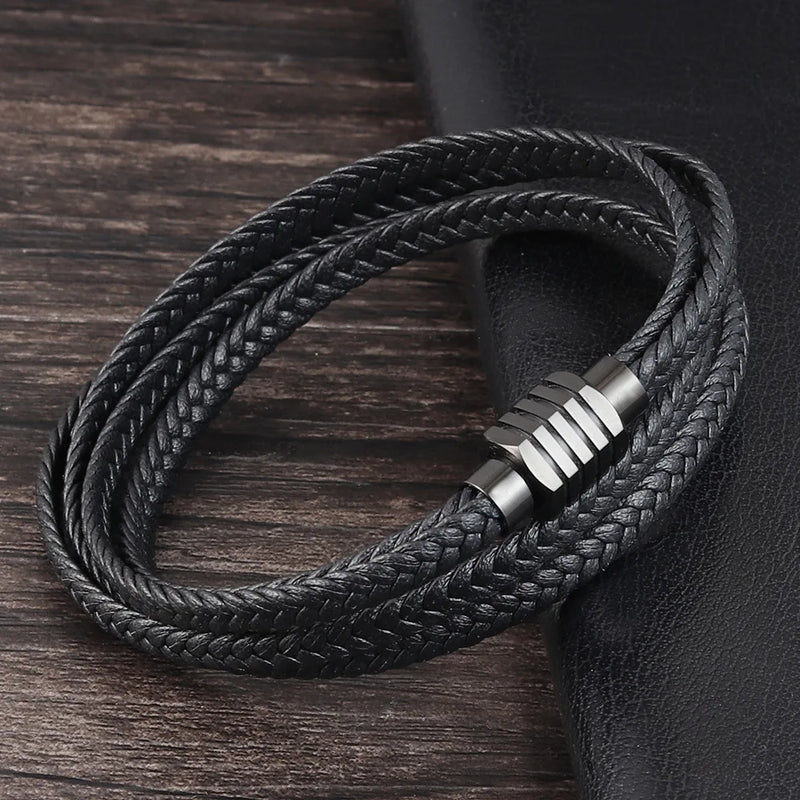 Men's Multilayer Stainless Steel Leather Braided Bracelet