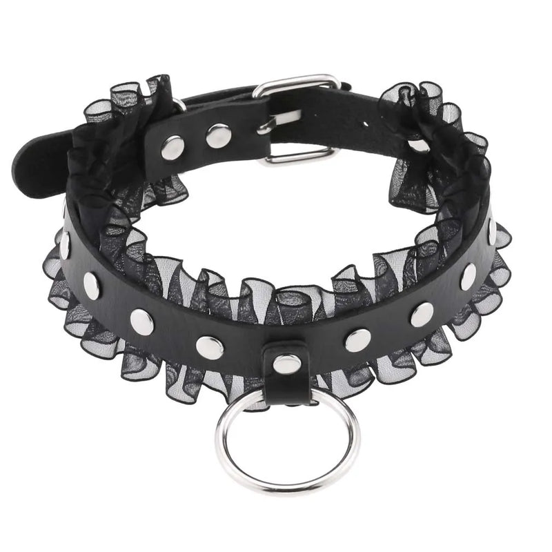 Leather Choker Necklace Goth Lace Collar