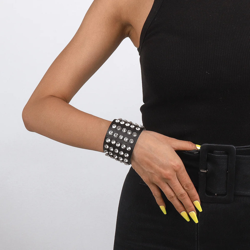 Women's Leather Cuff Bracelet Goth Rhinestone Punk Rock Accessory