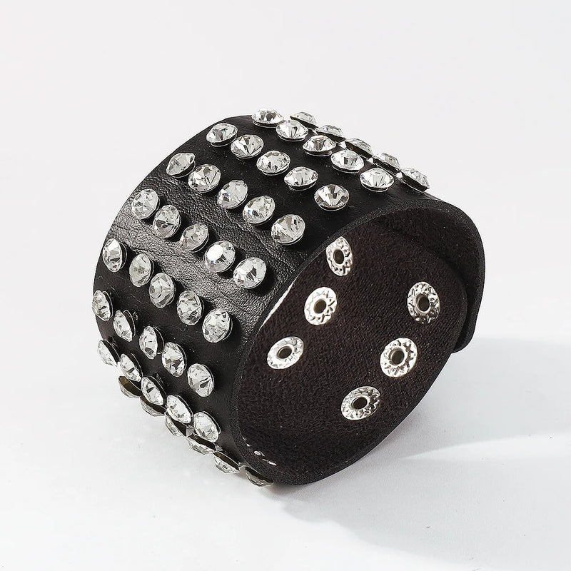 Women's Leather Cuff Bracelet Goth Rhinestone Punk Rock Accessory