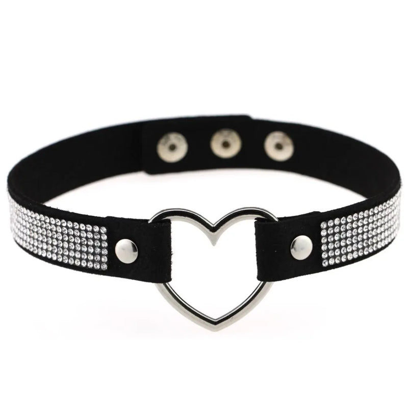 Leather Heart Rhinestone Choker Necklace Women Crystal Choker