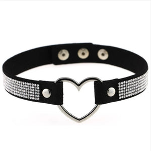 Leather Heart Rhinestone Choker Necklace Women Crystal Choker
