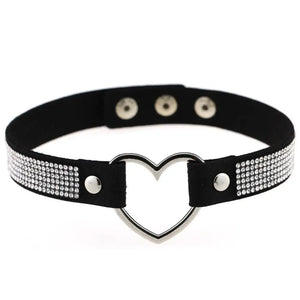 Leather Heart Rhinestone Choker Necklace Crystal