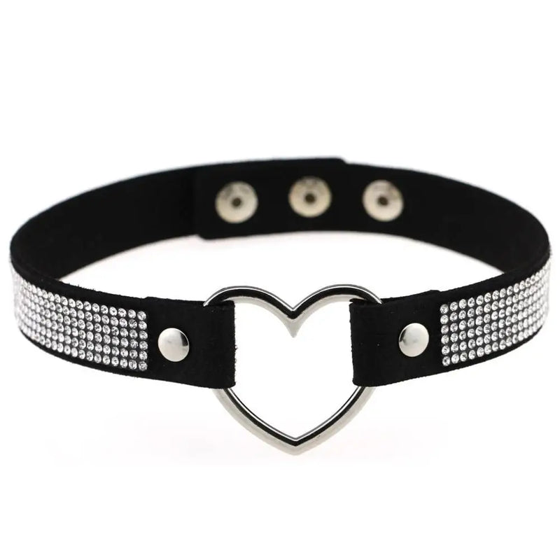 Leather Heart Rhinestone Choker Necklace Crystal