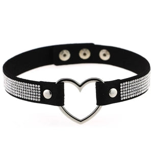 Leather Heart Rhinestone Choker Necklace Crystal