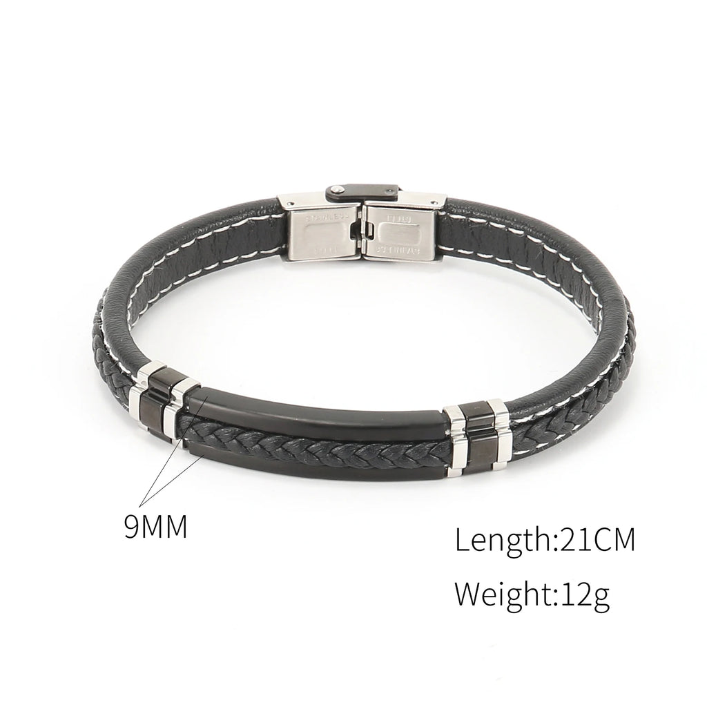 Leather Vintage Wristband Men Retro Stainless Steel Clasp Bracelet