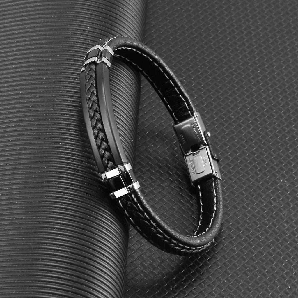 Leather Vintage Wristband Men Retro Stainless Steel Clasp Bracelet