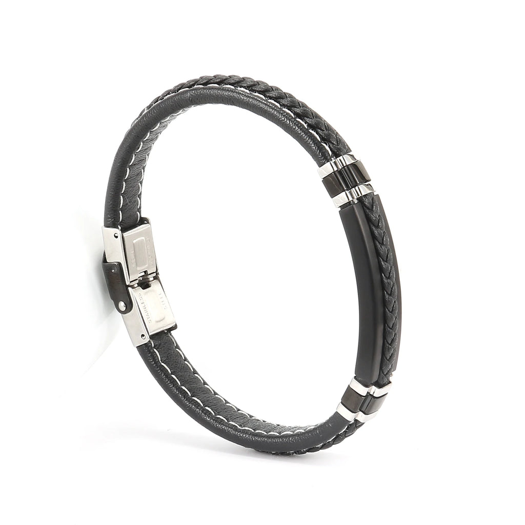 Leather Vintage Wristband Men Retro Stainless Steel Clasp Bracelet