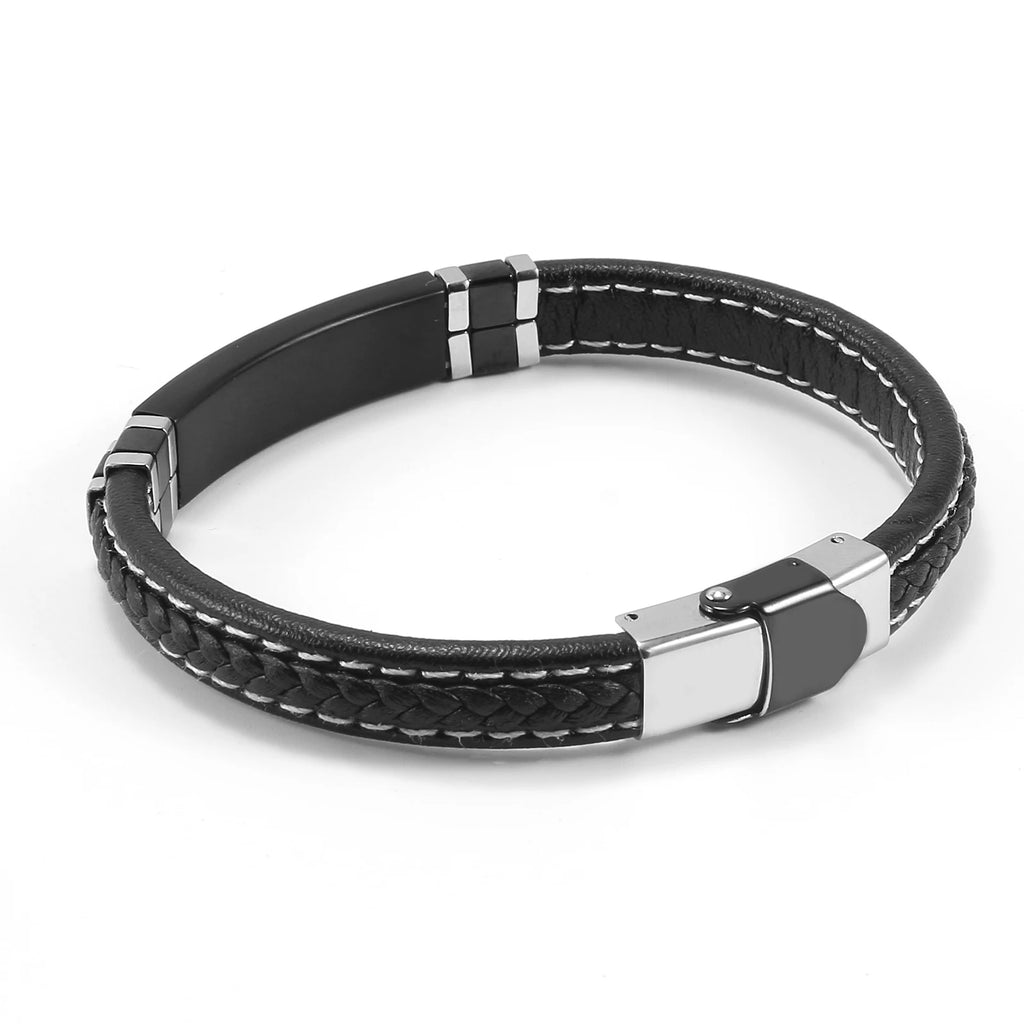 Leather Vintage Wristband Men Retro Stainless Steel Clasp Bracelet